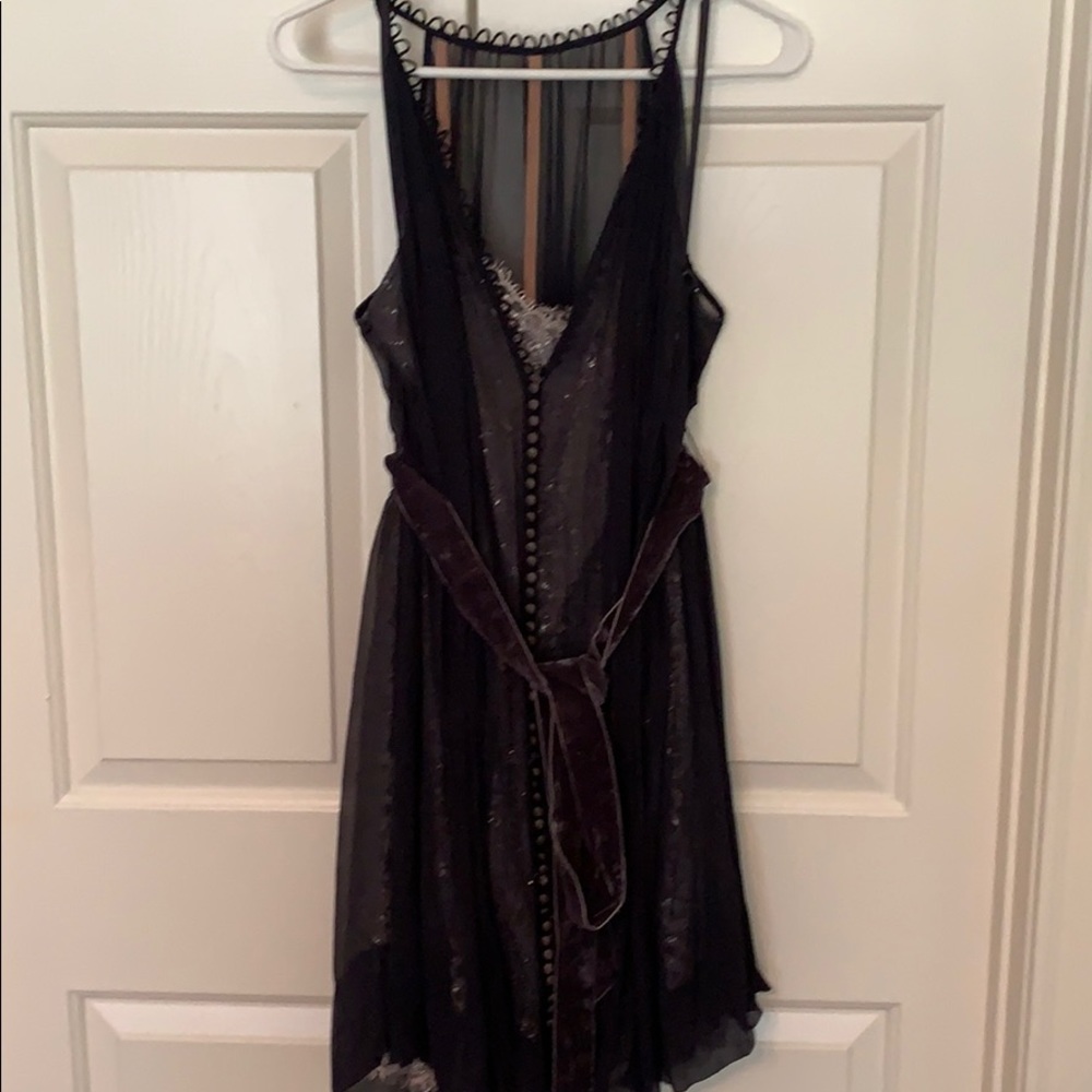 BCBG Navy Sheer Dress with Silver Lace Underlay